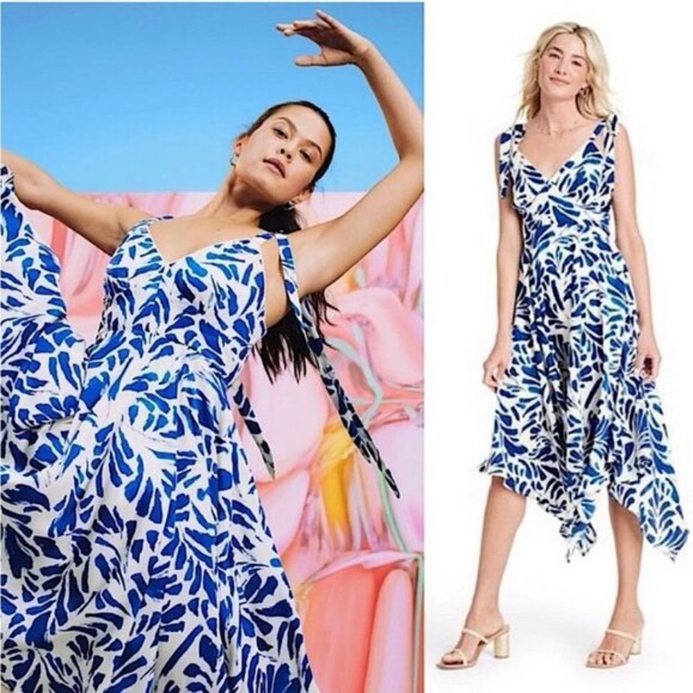 NWT ALEXIS for TARGET Blue Botanical Tie Strap Asymmetrical Midi Dress